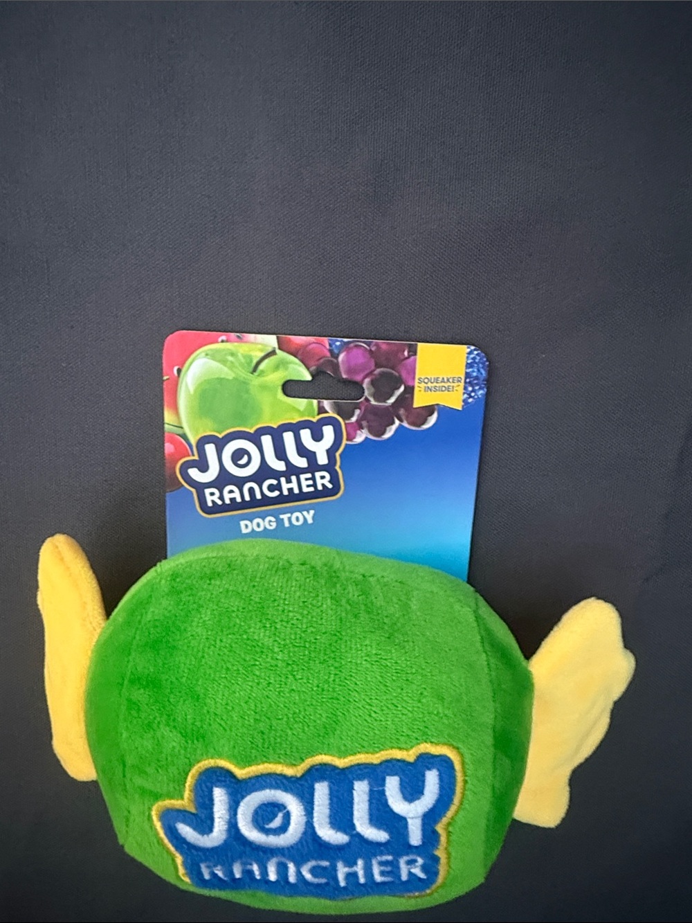 Jolly rancher plush dog toy, squeaker inside